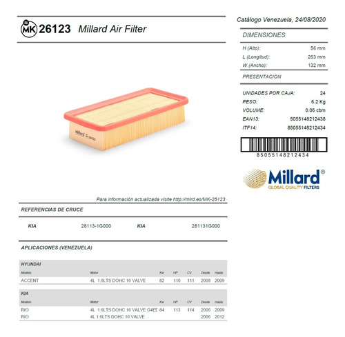 Filtro Aire Millard Mk26123 Kia Rio Hyundai Accent 49069 Foto 3