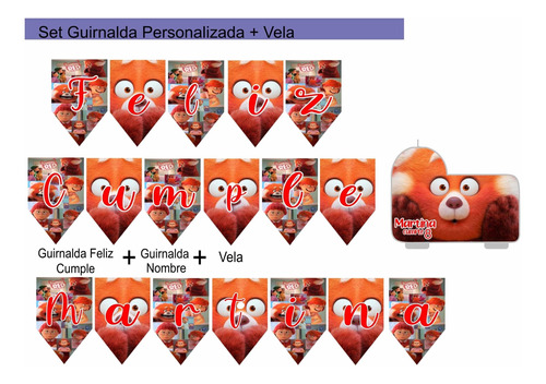 Set Guirnalda/banderin + Vela Personalizada Turning Red