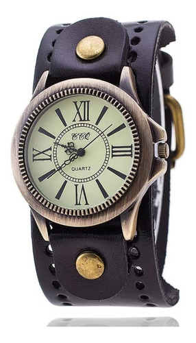 Reloj Vintage Circular Con Brazalete En Cuero Unisex 