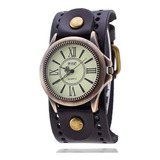 Reloj Vintage Circular Con Brazalete En Cuero Unisex 