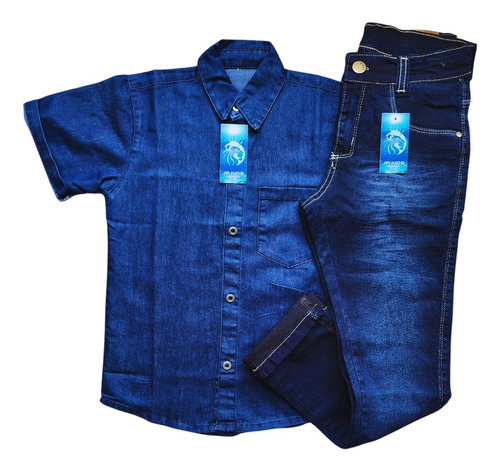 Conjunto Camisa Jeans Com Calça Jeans Masculina Infantil 