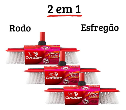 Kit 3 Vassoura Rodo Esfregão Escova Lava Seca C Cabo Condor 