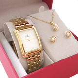 Relógio Champion Feminino Dourado Quadrado Original Cor Do Fundo Branco