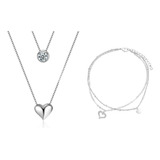 Conjunto Tobillera De Corazón Y Collar Corazón Plata 925