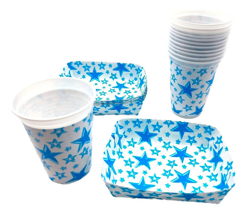 Kit Fiesta Vasos Platos Blanco Azul Estrellas X 12 Un