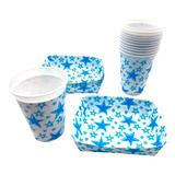 Kit Fiesta Vasos Platos Blanco Azul Estrellas X 12 Un