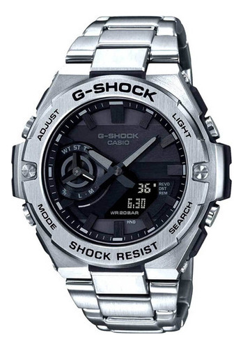 Reloj Casio G-shock Gst-b500d-1a1dr *bluetooth, Correa Solar Resistente, Color Plateado, Color De Bisel Plateado, Color De Fondo Negro