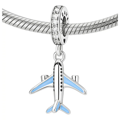 Charm Plata 925 Dije Colgante Avión Viaje Zakka Para Pulsera Plateado Con Celeste