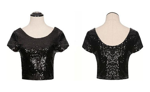 Tops Cortos Con Lentejuelas Brillantes, Manga Corta, Manga D