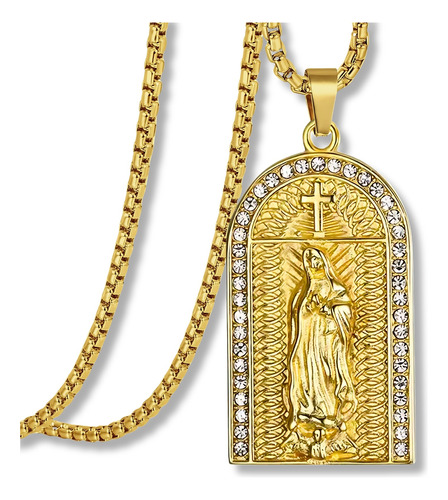 Collar Virgen Acero Inoxidable Color Oro Hip Hop Para Hombre