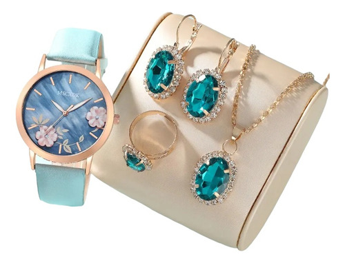 Conjunto Reloj Lujoso + Collar, Aretes, Anillo Diamantes
