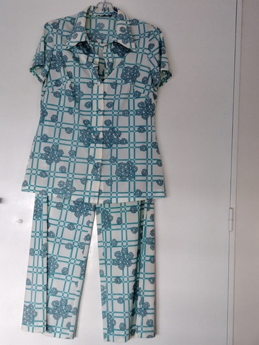 Pijama Abotonado Manga Corta Pant. Largo Con Lazo Impecable