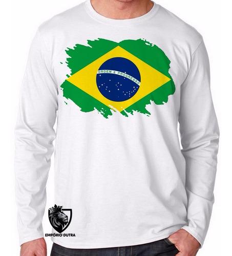 Camiseta Blusa Manga Longa Camisa Bandeira Brasil Brasileiro