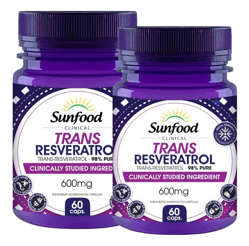 Trans Resveratrol 600 Mg 98% Puro Sunfood 60 Cápsulas Kit 2