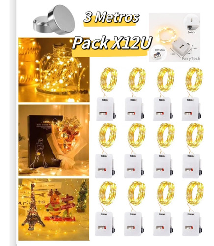 Alambre De Led 3mts Luz Con Pila Pack X12 Navidad Decoración