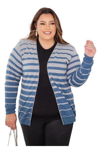 Blusa Casaco Cardigan Plus Size Tricô Listado Degradê