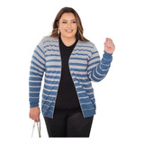 Blusa Casaco Cardigan Plus Size Tricô Listado Degradê