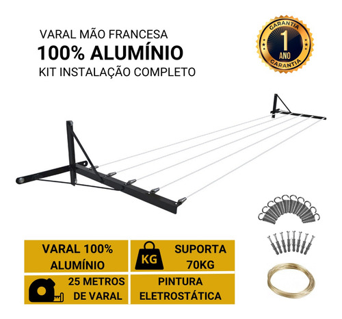 Varal Dobrável Articulável Basculante De Parede 5 Mts Preto.