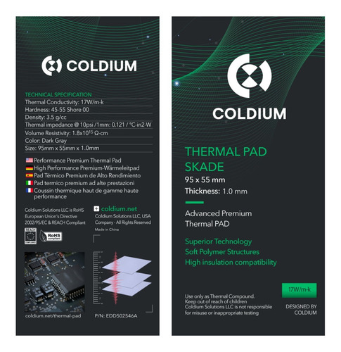 Coldium Skade Pad Térmico 95x55x1.0mm Premium Pro Oc 17w/m-k Color Gray