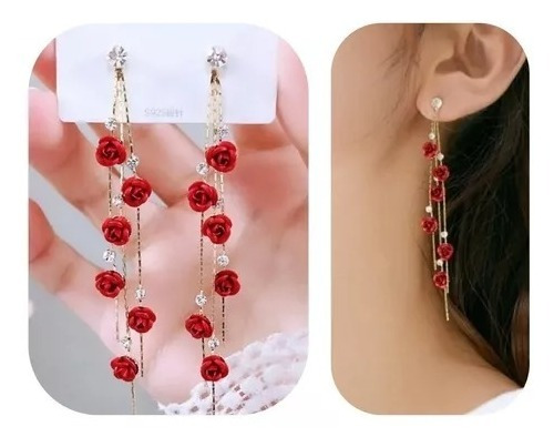 Aretes Largos Con Rosas Rojas Cristal Austriaco  Ar-03