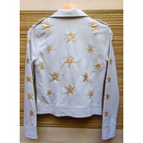 Campera Moto Rocker Algodón Bordada Stars Simil Cuero Dorado