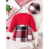 Conjunto Infantil Menina Manga Longa Xadrez Vermelho Boina