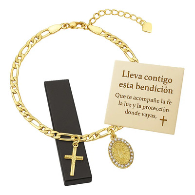 Pulsera Virgen De Guadalupe Chapada En Oro De 18k 20cm Para Mujer Joyería Religiosa Con Dije De Cruz Y Medalla Con Zirconias Elegante - con caja | MercadoLibre