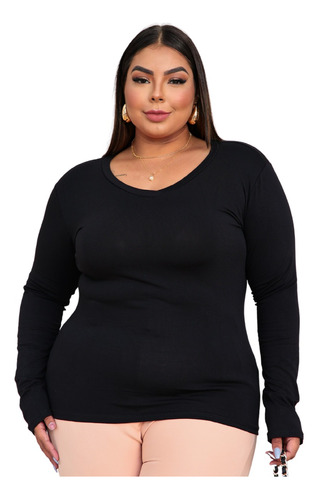 Blusa Feminina Manga Longa Segunda Pele Gola V Plus Size