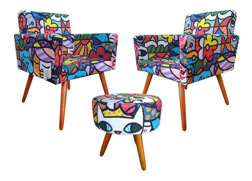 Kit 2 Poltronas Decorativa Vitoria  + Puff Romero Brito Kasa