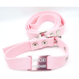 Chapita Perros Pasador Rosa + Collar Y Correa 2cm Ancho Rosa