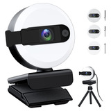 Webcam With Microphone, 2k Pc Camera Webcam With Ring Light