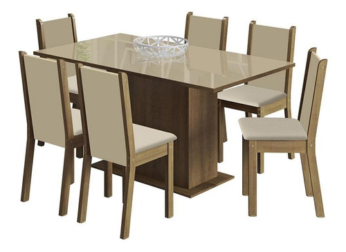 Sala Jantar Madesa Moscou Plus Tampo Vidro 6 Cadeiras Rcsb Cor Rustic/crema/pérola Desenho Do Tecido Das Cadeiras Liso 045997g6xtper