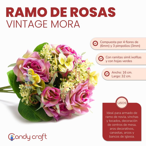 Ramo De Rosas Artificial Vintage Mora 32cm Calidad Premium