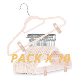 Pack 10 Perchas Slim Terciopelo Beige Broche Gancho Premium