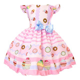 Vestido Infantil Temático Confeitaria Doceria Cupcakes Luxo