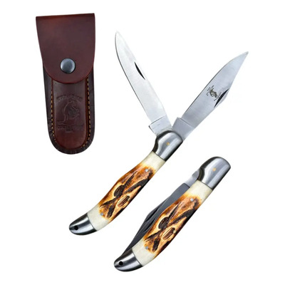 Navaja Pakistan Plegable De Hueso Con 2 Hojas Y Funda Piel | Envío gratis