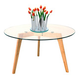 Mesa Ratona Redonda Spider Tapa Vidrio Patas Madera 80x45 Cm