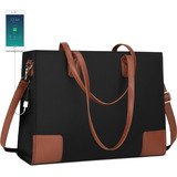 Bolsa Tote Nubily Nb5516-15.6'' Diseño Liso De Cuero Pu  Negra Asas Color Marrón Y Herrajes Níquel