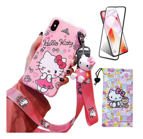 Funda 3d Mica Cristal Correa Hello Kitty Para iPhone X / Xs