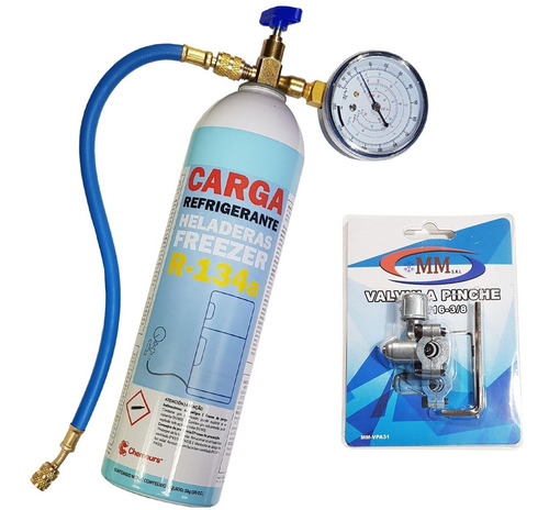 Kit De Carga De Refrigerante R134a Heladeras. Manifold Simple + Valvula Pinche + Gas R134 De 900g