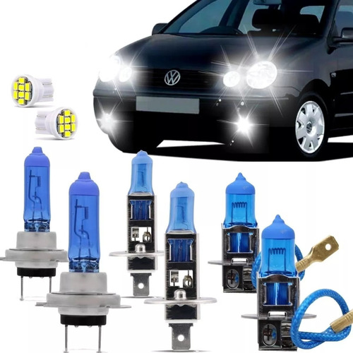 Kit Lampadas Polo Hatch Sedan 2003 2004 2005 2006 Super Brancas Farol H7 H1 Milha H3 Techone 8500k Inmetro Tipo Xenon