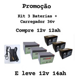 Kit 3 Baterias 12v 12ah + Carregador 36v Bike Eletrica 