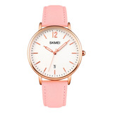 Reloj Mujer Skmei 1724 Cuero Ecologico Minimalista Elegante Color De La Malla Rosado