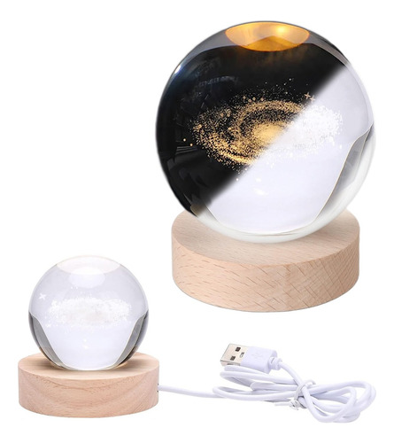 Esferas 3d Usb Luz De Noche Led Cristal Grabado Base Madera