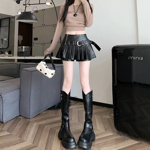 Falda Short Plisada De Cuero Sintético Para Mujer
