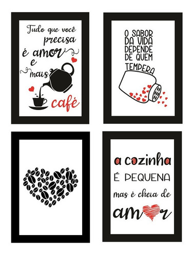 Quadros Decorativos Cozinha Cantinho Café Frases Kit Com 4