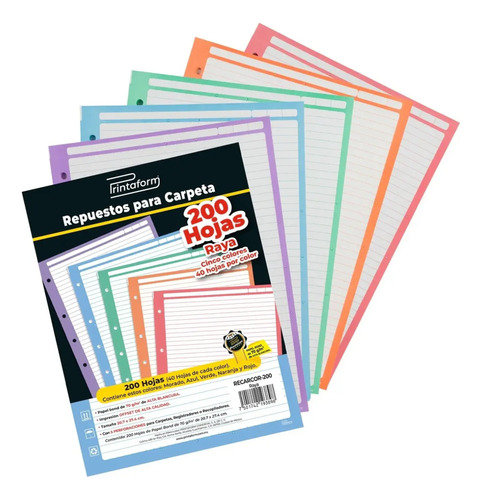 Printaform 500 Hojas Repuesto Multicolor A Elegir Raya 5/7mm