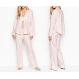 Pijama Victoria Secret Cetim Clássico Listrado De Rosa 
