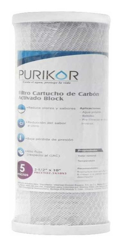 Filtro Cartucho Carbón Activado Block 4.5x 10 Purikor 5micra