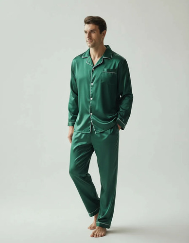 Pijama Para Hombres De Satén Verde Con Tacto De Seda